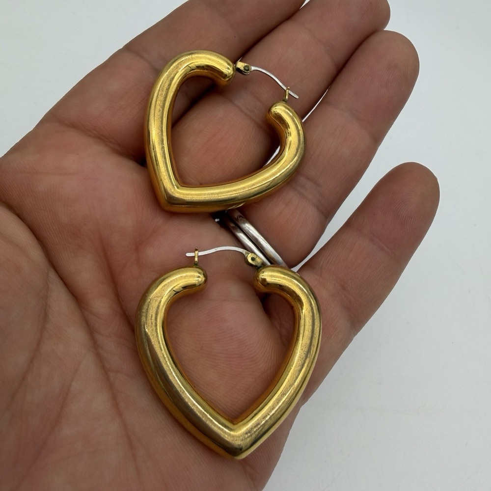 Vintage Chunky Gold Tone Puffy Open Heart Earrings Shiny Large 80s